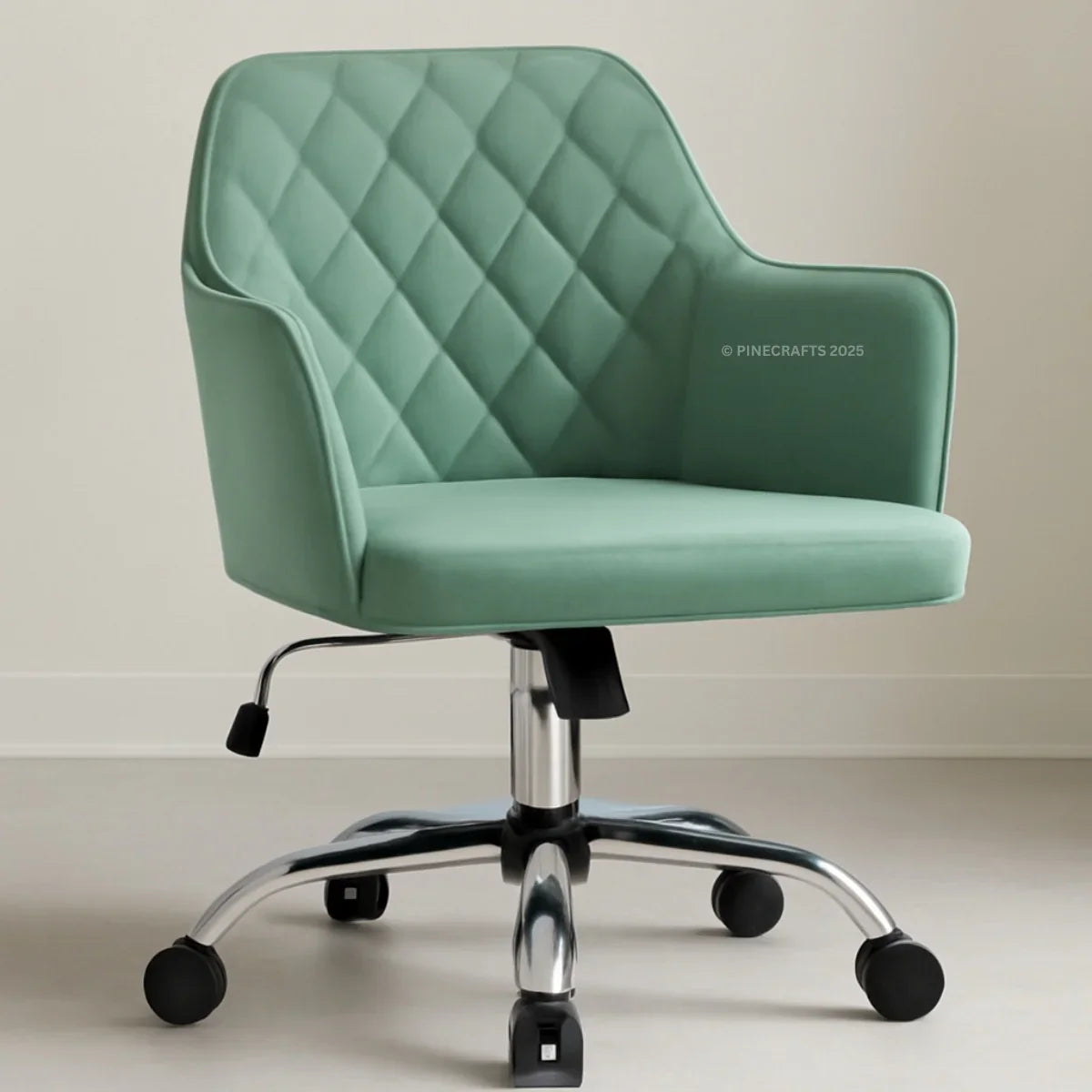 Green office chair with quilted design on a light background